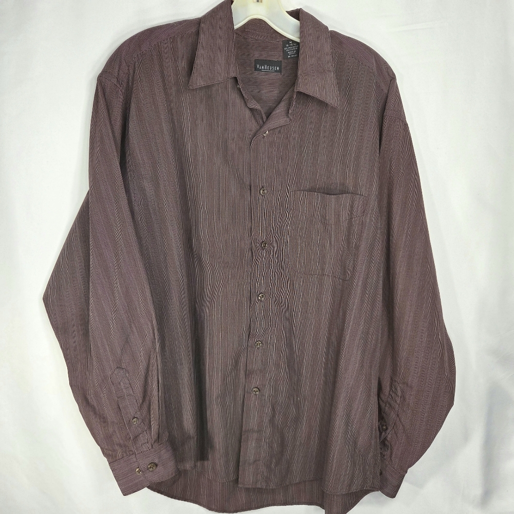 Van Heusen Wrinkle Free Stain Shield Brown Striped Button Down Shirt Size Medium